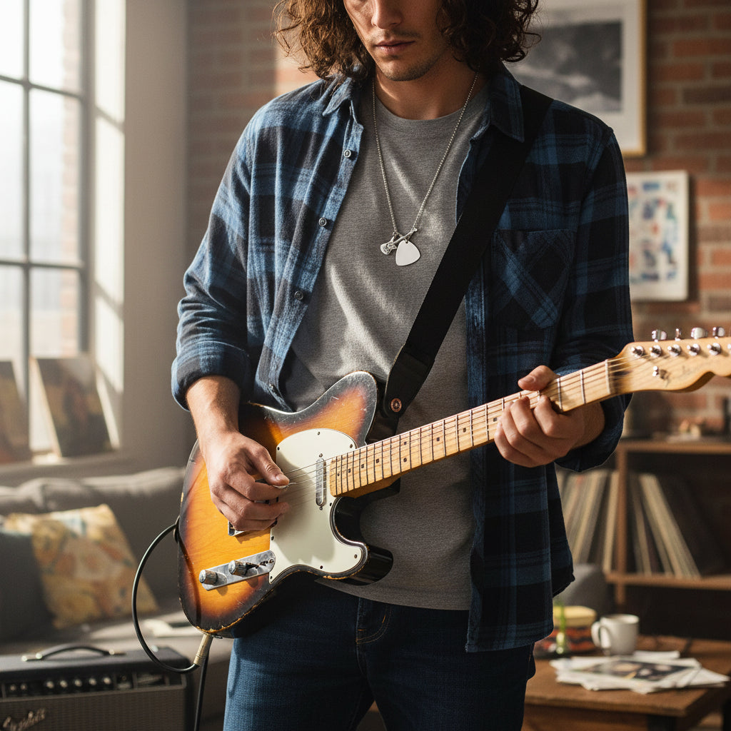 MUSICIAN SILVER GUITAR AND PICK PENDANT NECKLACE