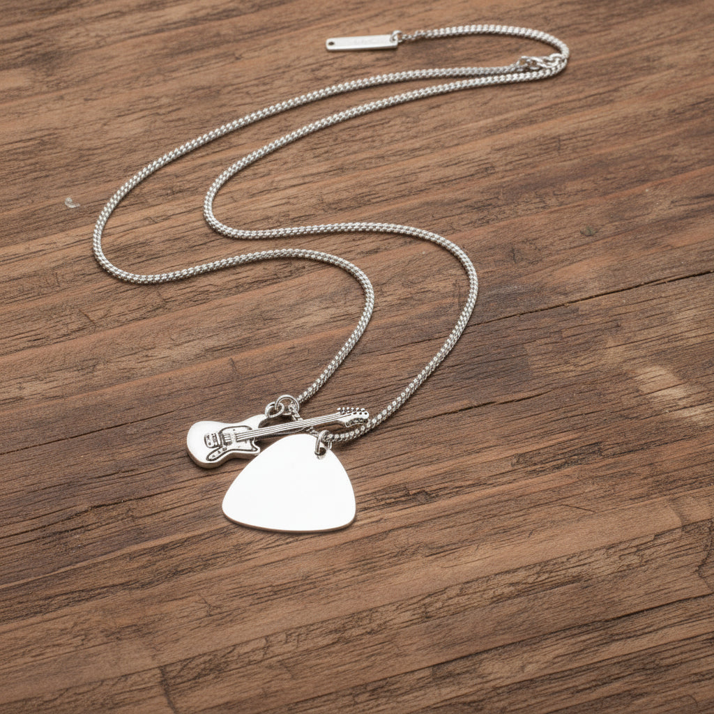 MUSICIAN SILVER GUITAR AND PICK PENDANT NECKLACE