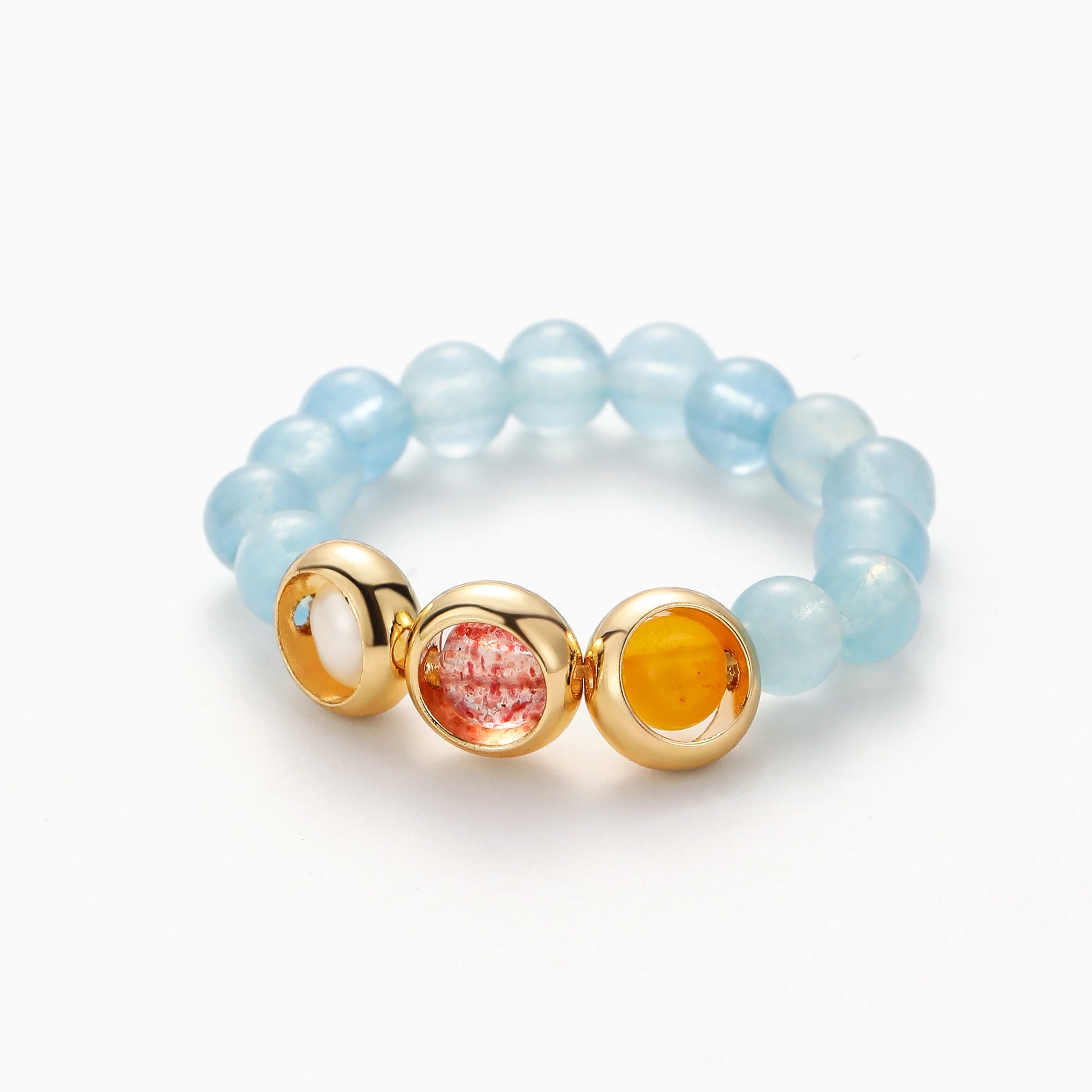 AQUAMARINE STRETCH RING WITH GOLD-FRAMED BEADS