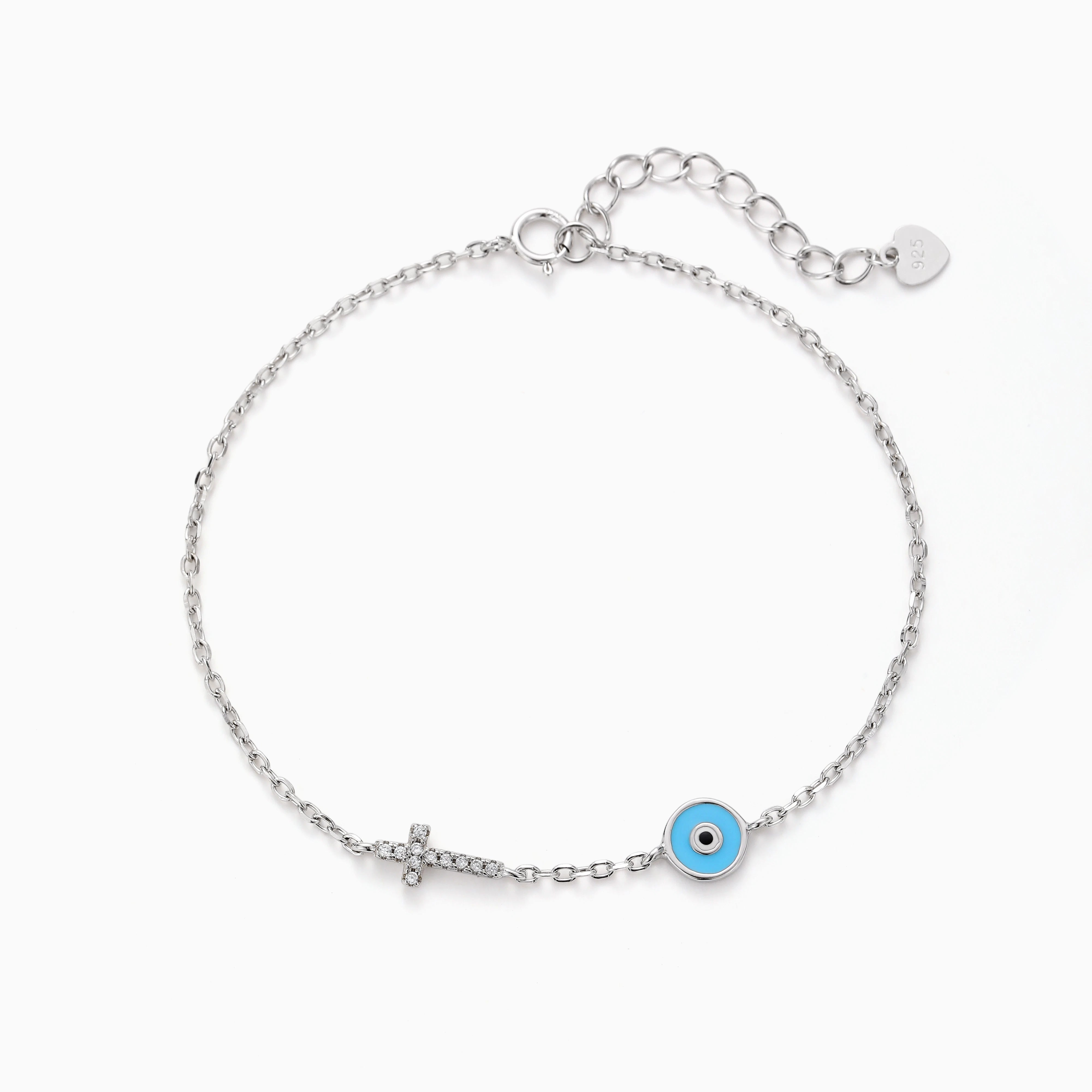 LIGHT BLUE EVIL EYE AND CROSS BRACELET