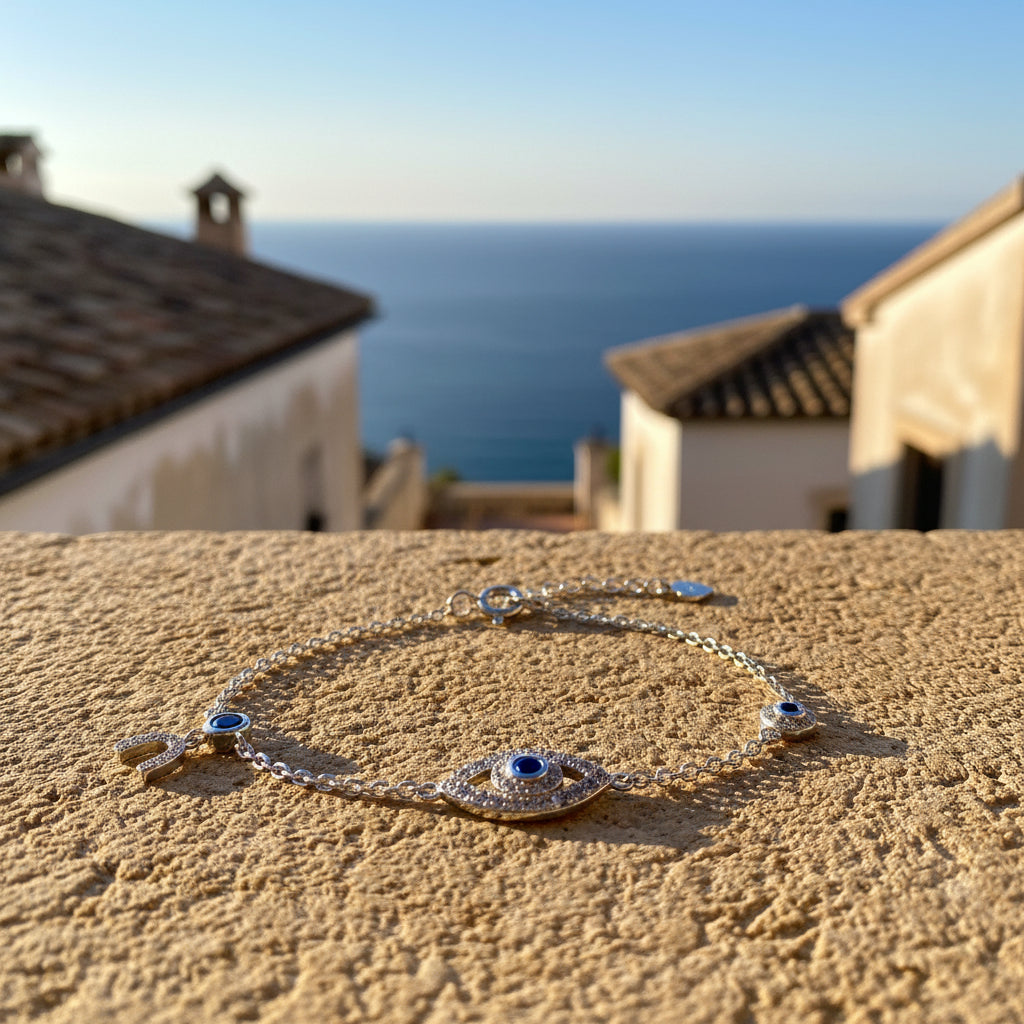 SAPPHIRE COLOR EVIL EYE AND HORSESHOE BRACELET