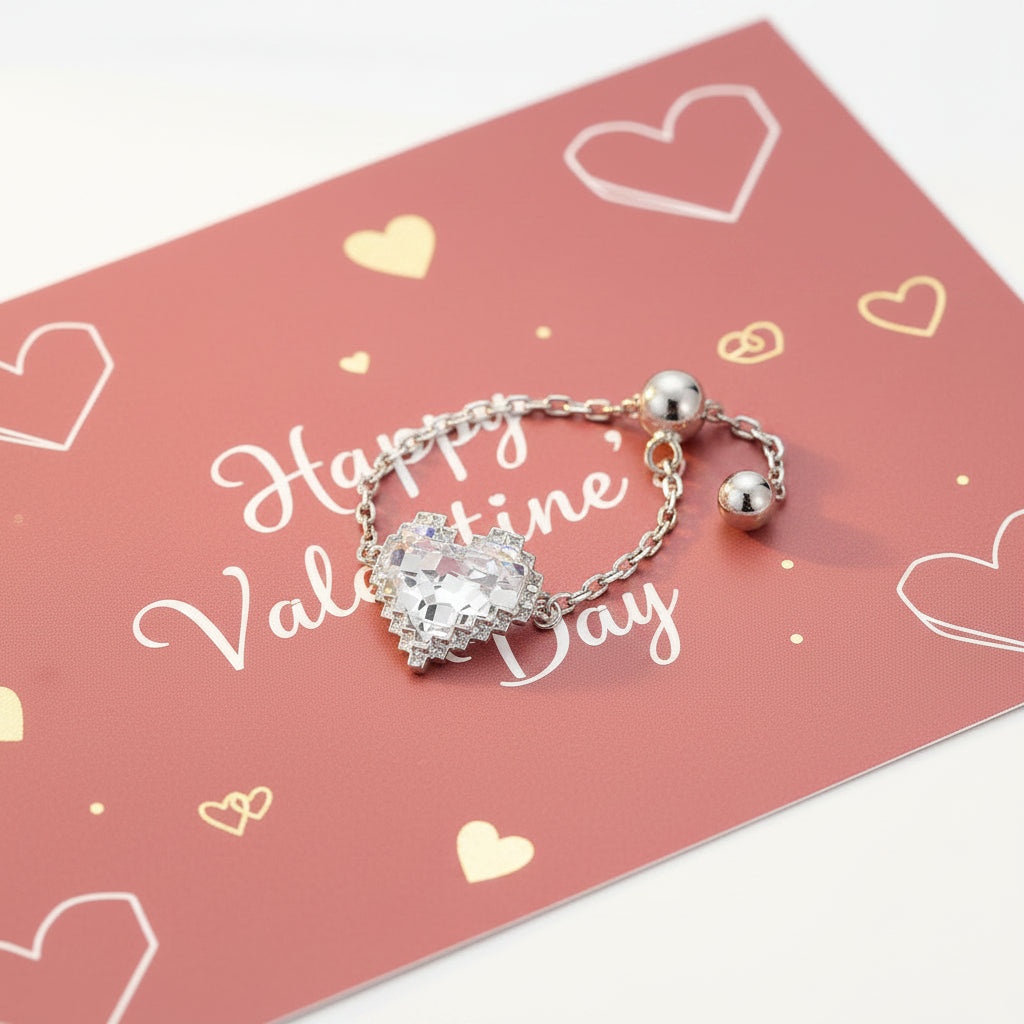 LASER CUT HEART CHAIN RING WITH BEADED ADJUSTABLE CHAIN