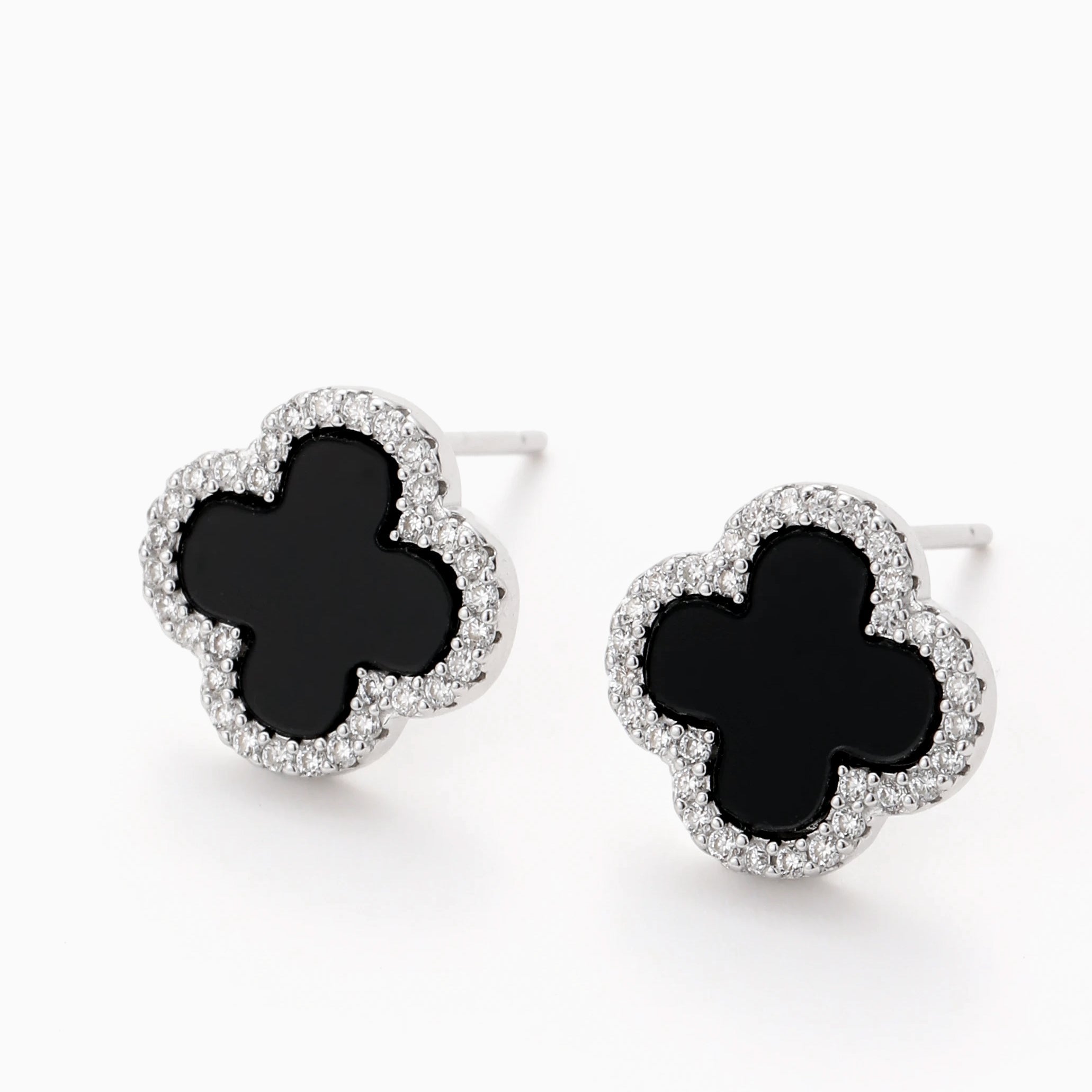 BLACK AGATE CLOVER MOISSANITE PAVÉ EARRINGS S925 STERLING SILVER