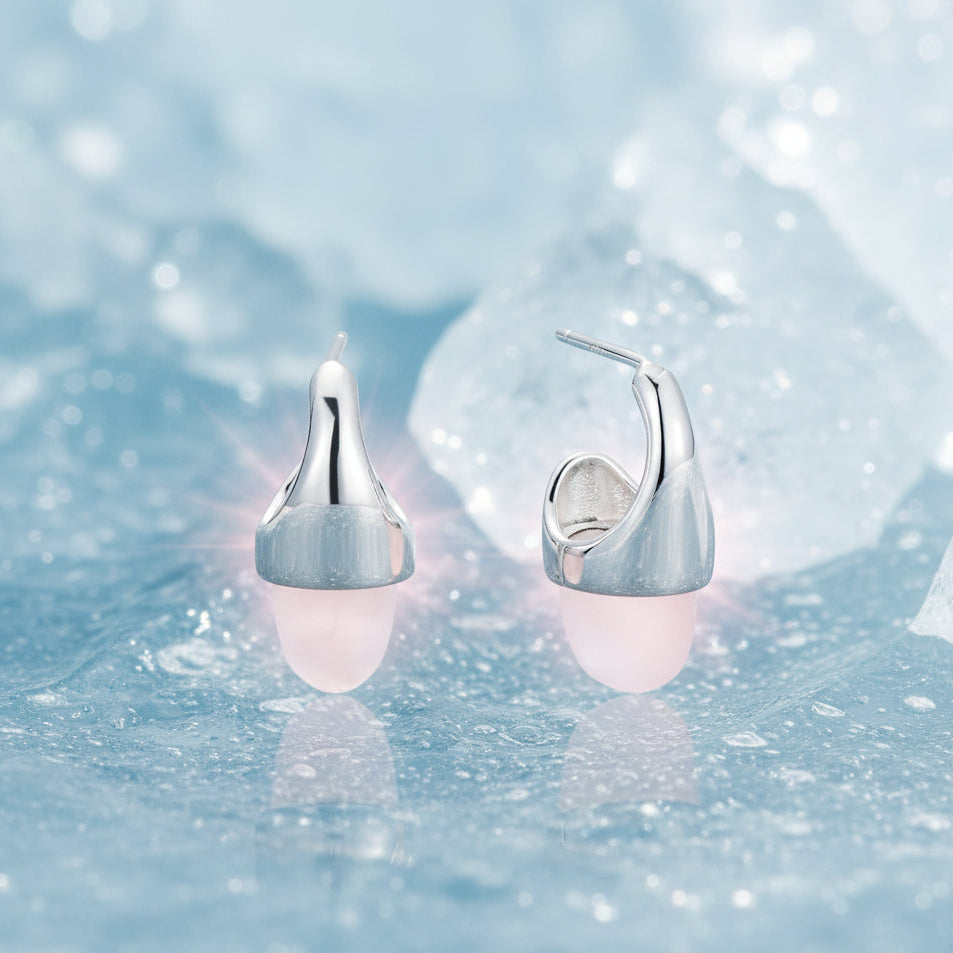 ELONGATED ROSE QUARTZ HOOP CAP EARRINGS