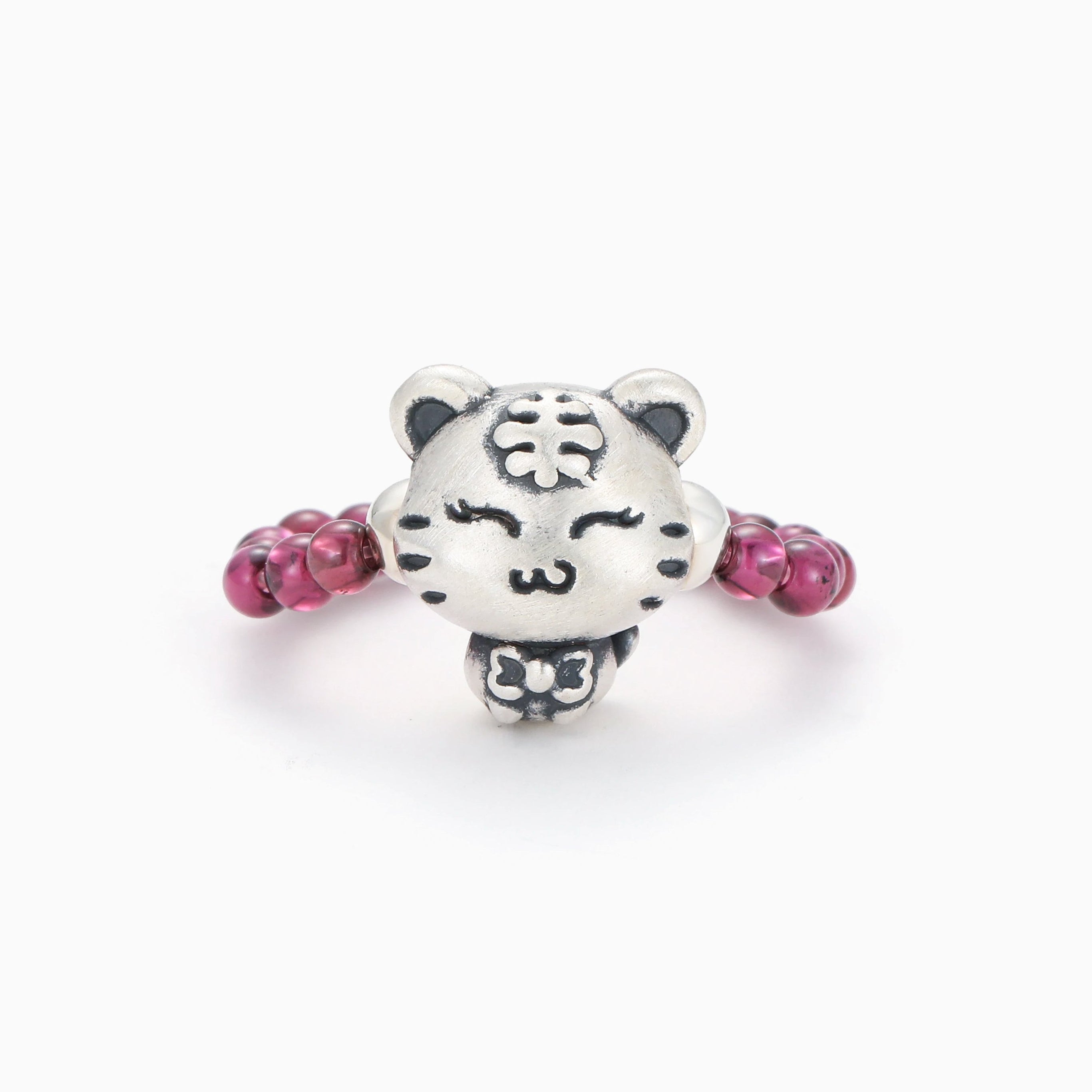 PURPLE GARNET STRETCH RING WITH STERLING SILVER TIGER CHARM