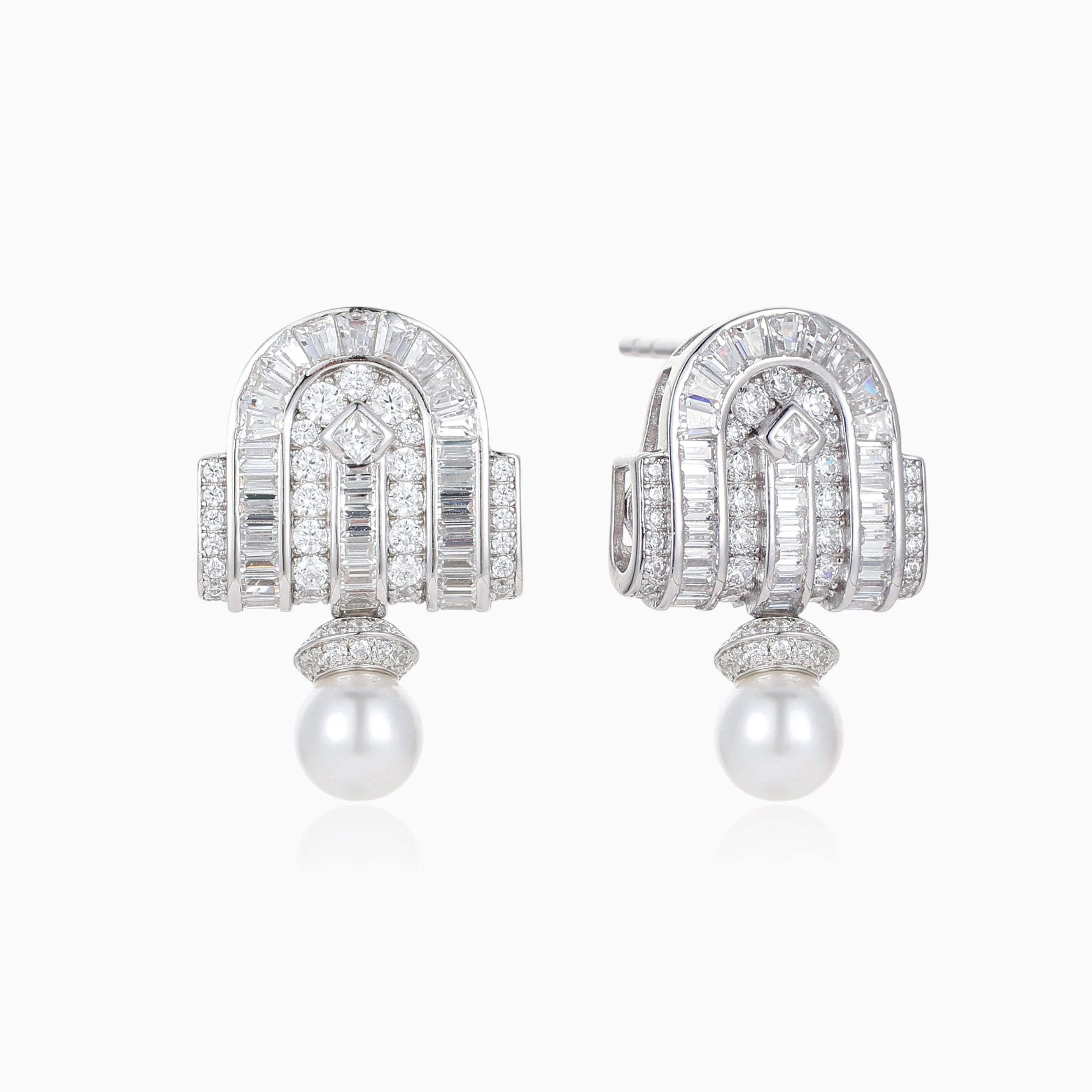ART DECO REFINEMENT BAGUETTE AND ROUND CZ STUD EARRINGS
