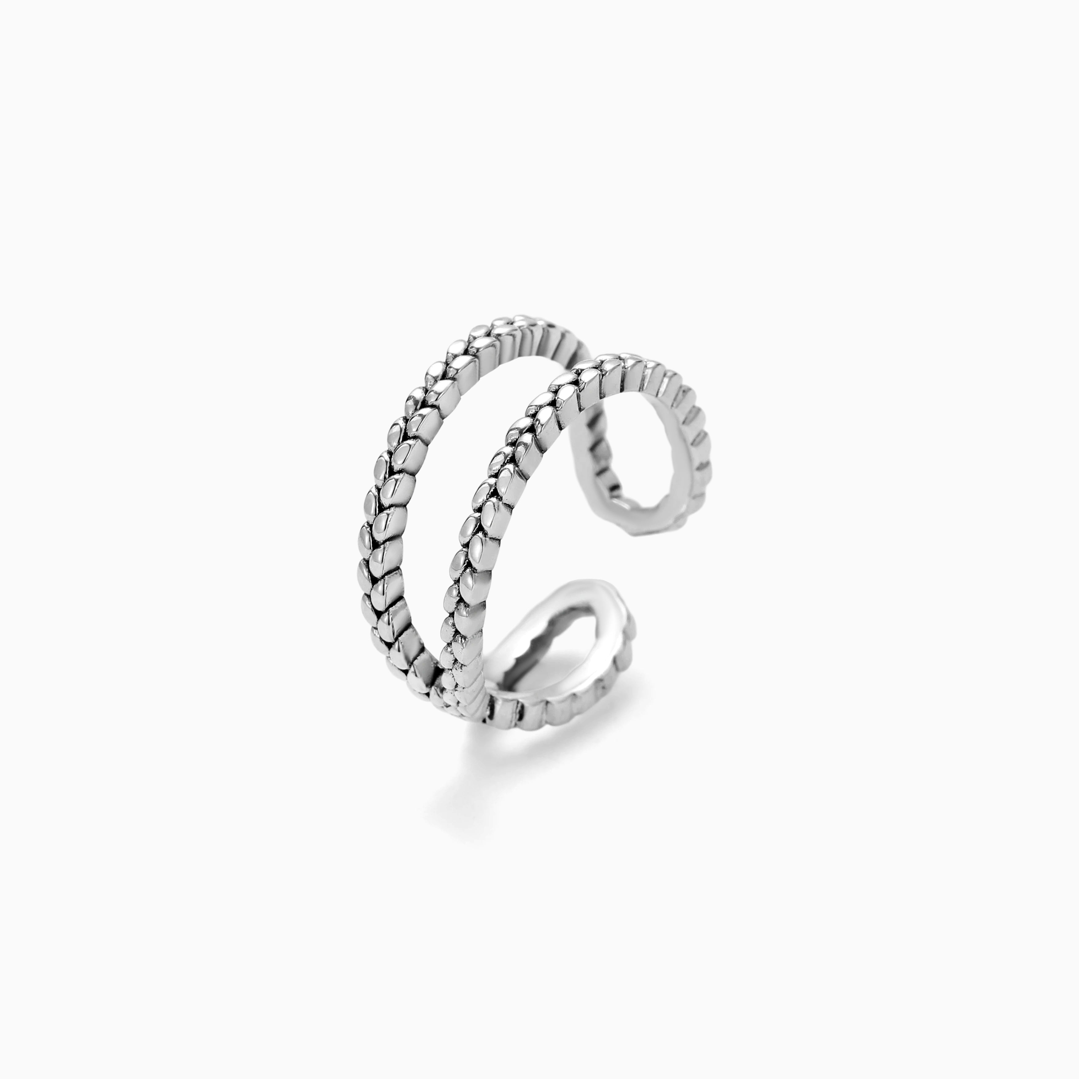 S925 SILVER DOUBLE ROW BEADED TEXTURE OPEN ADJUSTABLE RING