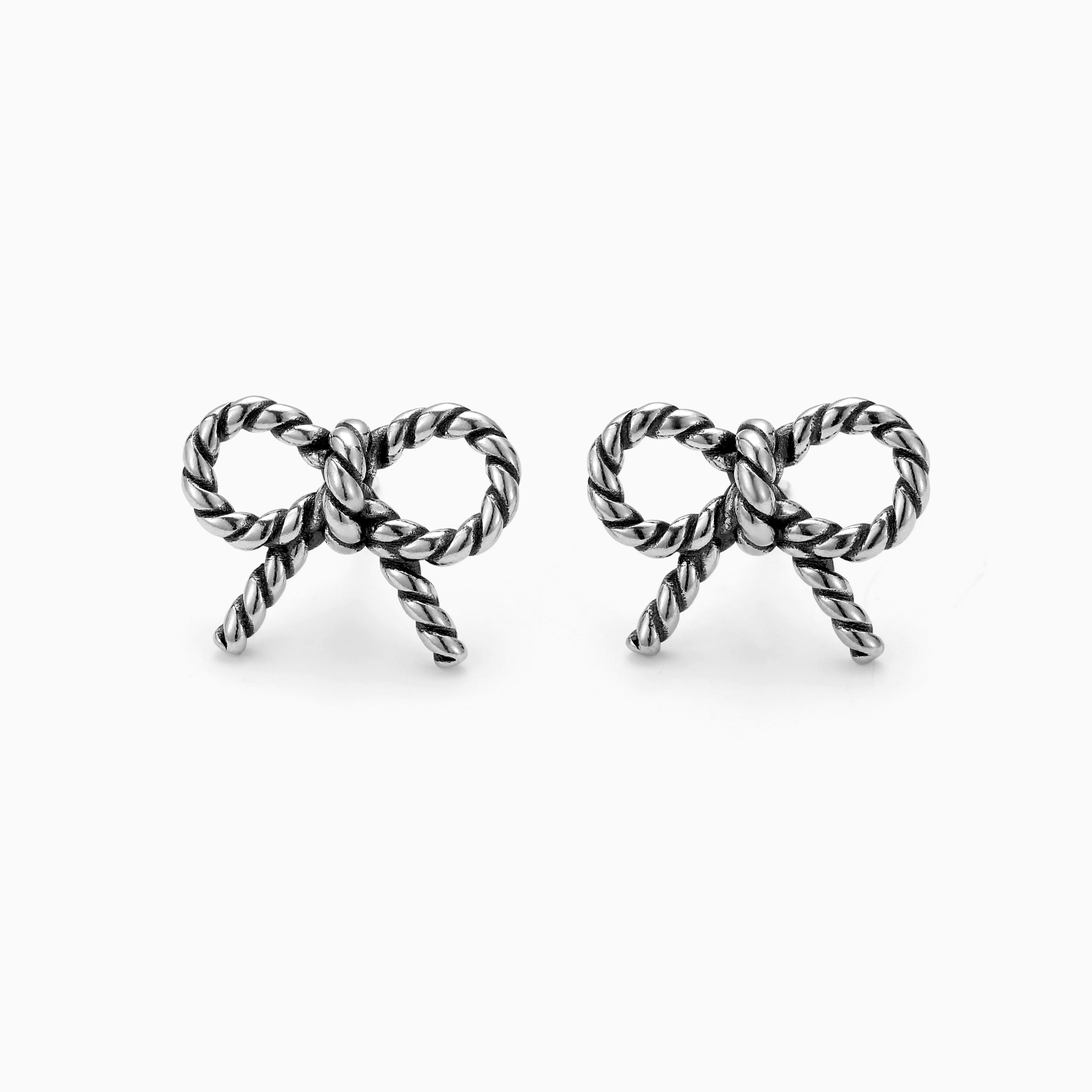S925 SILVER ANTIQUED TWISTED ROPE BOW STUD EARRINGS