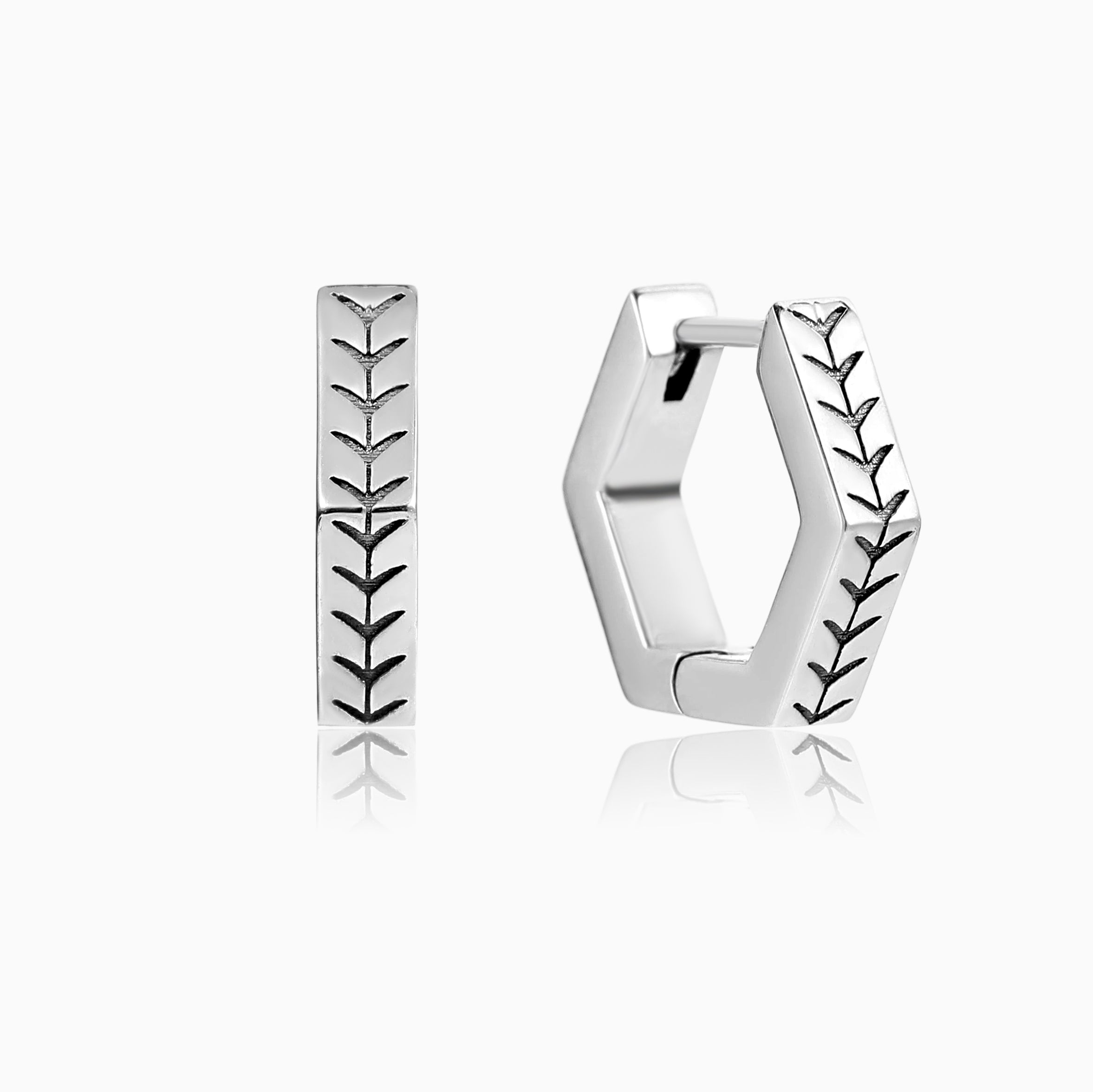 S925 SILVER HEXAGONAL ARROW ENGRAVED HUGGIE HOOP EARRINGS