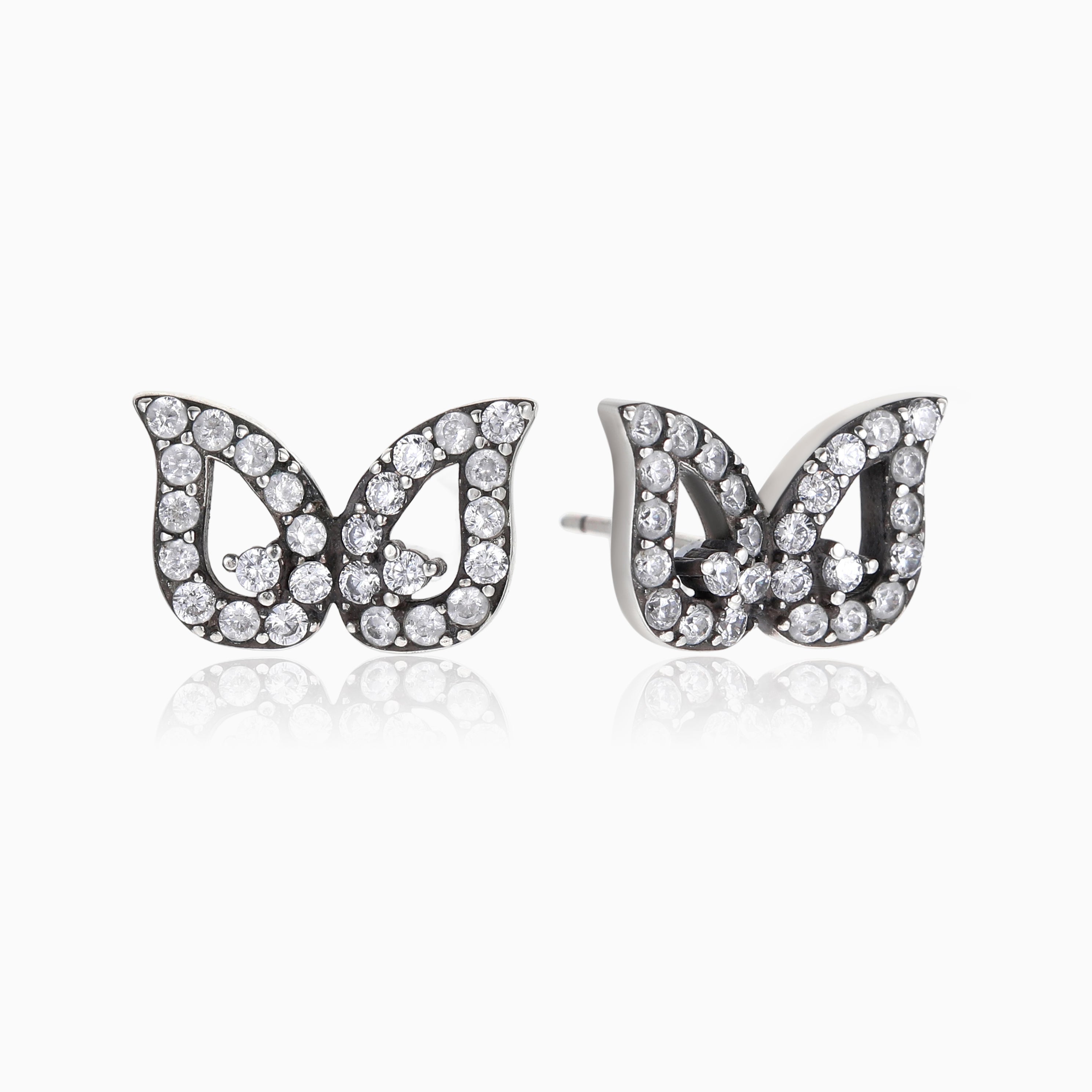 S925 SILVER ANTIQUED WING SHAPE PAVE CZ STUD EARRINGS