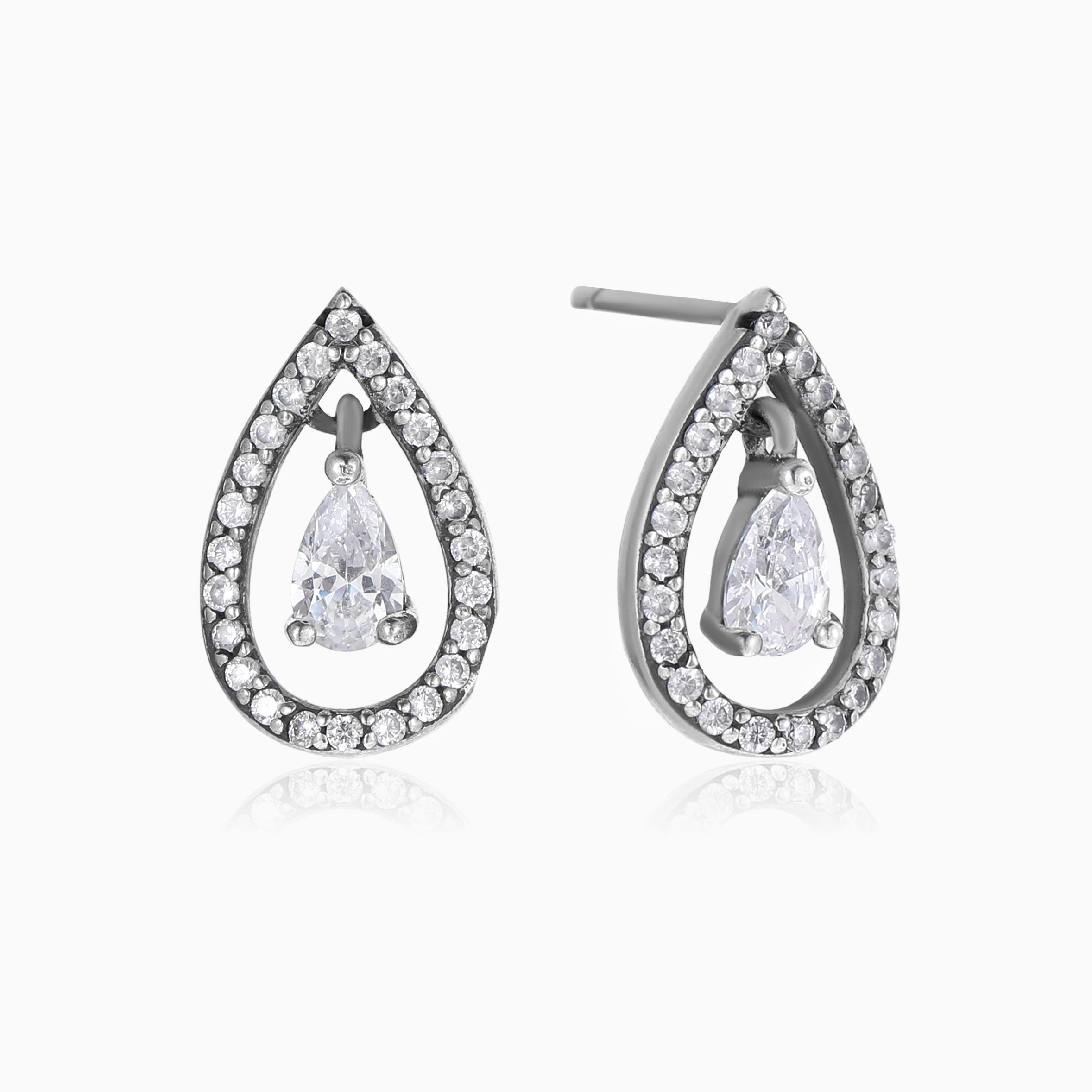 S925 SILVER ANTIQUED HOLLOW TEARDROP PAVE CZ STUD EARRINGS