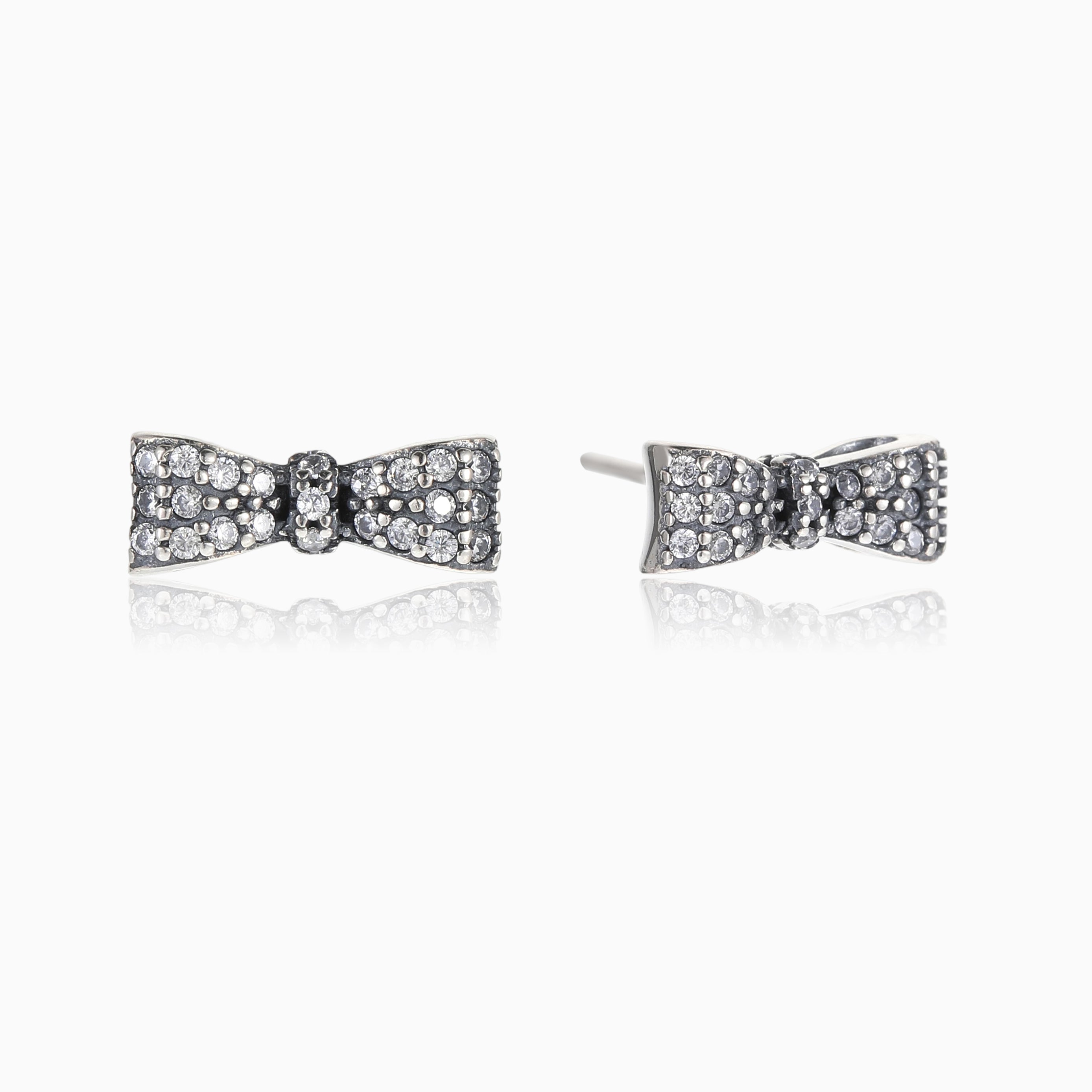 S925 SILVER ANTIQUED PAVE CZ BOW STUD EARRINGS