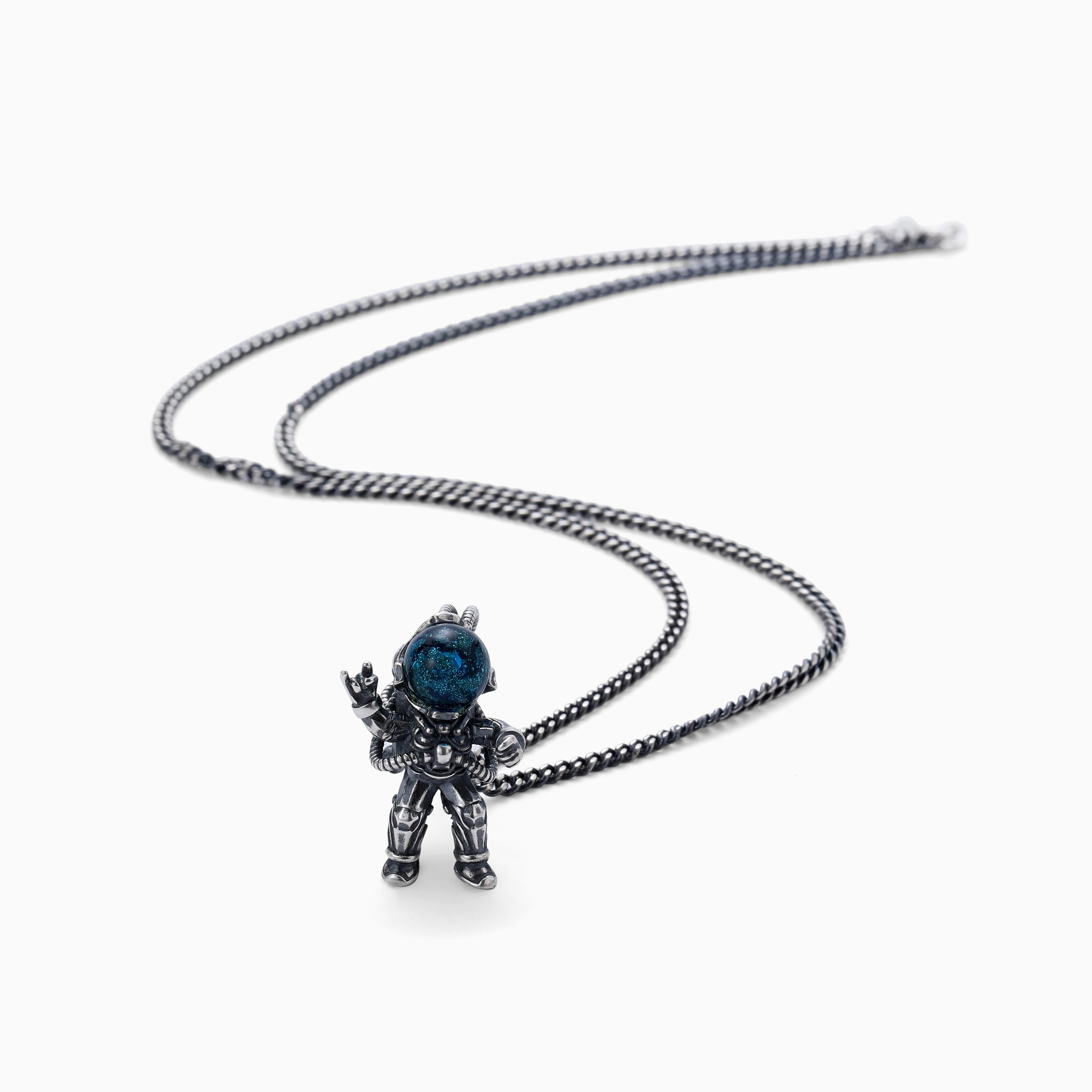 VINTAGE SILVER ASTRONAUT PENDANT NECKLACE WITH GALAXY RESIN HELMET