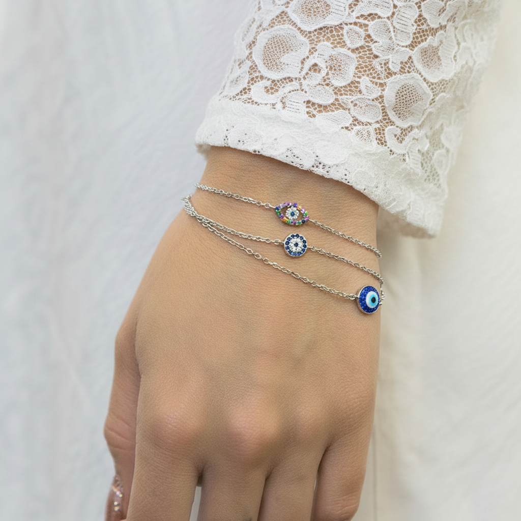 Colorful evil eye protection bracelet worn on wrist