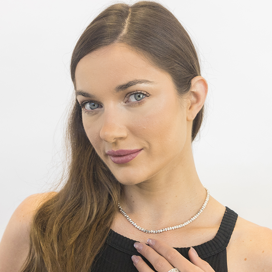 Sterling silver bead chain necklace worn showing length