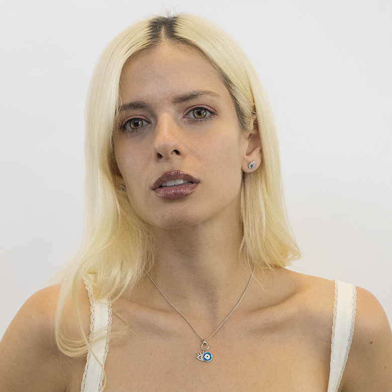 Evil eye protection necklace worn showing length