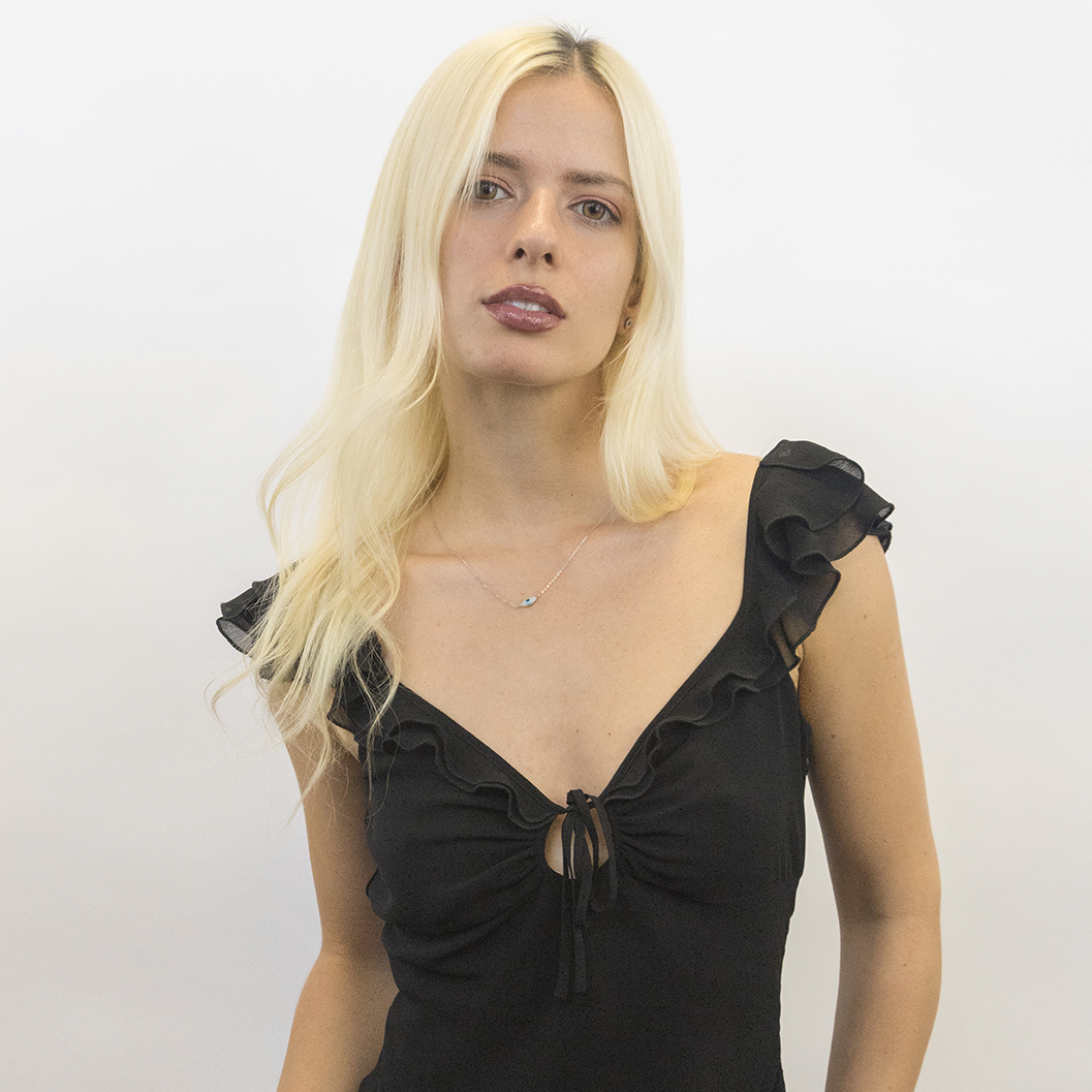 Evil eye protection necklace worn showing length